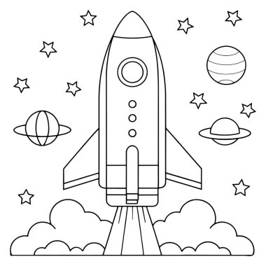Gezegen yüzeyinden uzay roketi fırlatılışı yıldızlar ve galaksi arkaplan çizimi ile aynı hizada.