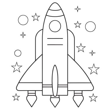 Uzay boşluğunda gezegenler ve parlayan yıldızlarla birlikte kozmik bir illüstrasyonla çizilmiş bir uzay gemisi.