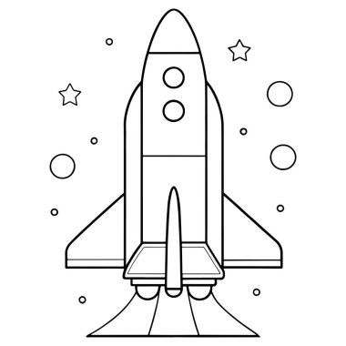 Uzayda uçan roket, etrafını saran yıldızlar ve gezegenler zarif çizgi çizgisi çizimi ile gösteriliyor.
