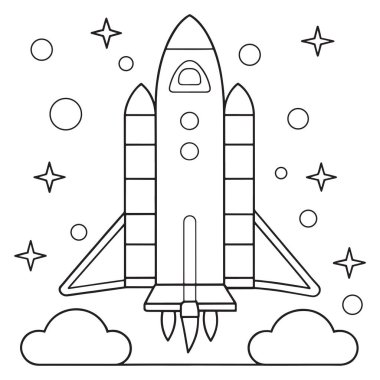 Roket, parlayan yıldız vektör illüstrasyonuyla gezegen yüzeyinden uzaya fırlatılıyor.