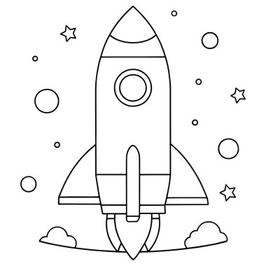Roket gemisi bulutlarda süzülüyor. Huzurlu ve yaratıcı bir sanat sahnesi çizimi çizimi.