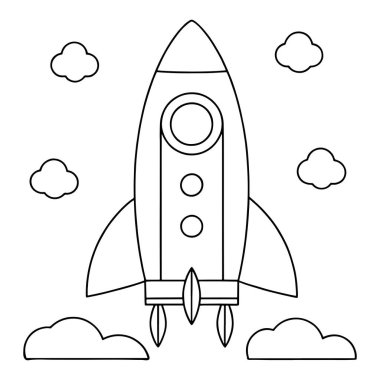 Roket, yörüngesinde dönen gezegenler ve kozmik yıldızlarla temiz bir çizilmiş uzay vektörü çizimi ile havalanıyor.