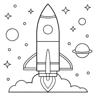 Uzay mekiği bulutlu ve gökyüzü elementleri vektör illüstrasyonlu renklendirme sayfası sanatı ile fırlatılır