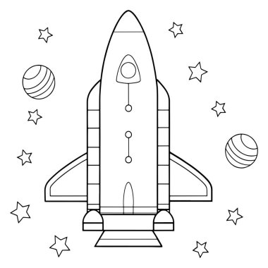 Galaktik temalı vektör illüstrasyonunda bulutlar ve parlayan yıldızlarla temiz çizgi sanatında roket fırlatma