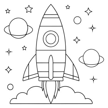Uzay roketi boyama sayfası uzay vektörü illüstrasyonunda gezegenleri ve çizgi film stili roketleri gösterir