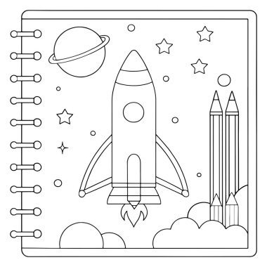 Roket gemi boyama tasarımı gezegenler ve uzay yıldızlarıyla çocuk dostu çizgi çizimi