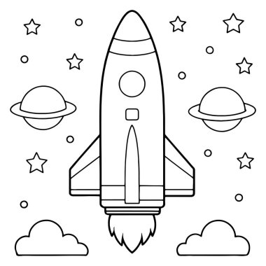 Derin uzaya fırlatılan roket gezegenler ve yıldızlarla dinamik bir vektör illüstrasyonunda.