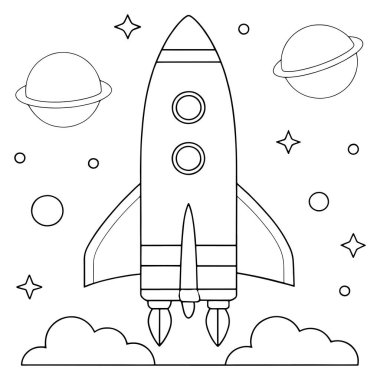Çocuklar için sevimli bir roket gemisi tasarımı yıldız ve gezegen vektör çizimi ile boyama aktiviteleri