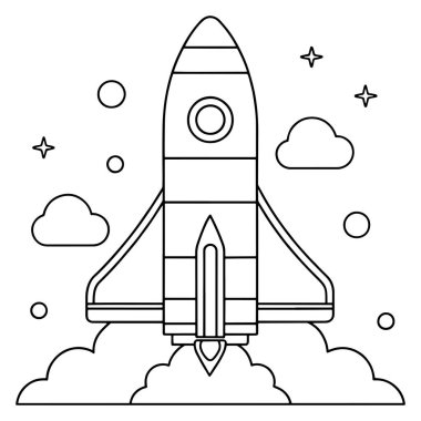 Roket, yörüngesinde dönen gezegenler ve parlayan yıldızlarla galaktik bir sahneye fırlatılıyor.