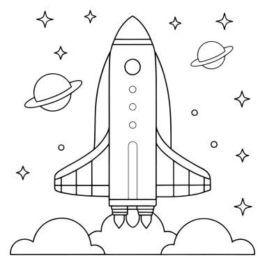 Roket çizgisi sanatı, kabarık bulutlar ve uzay temalı gösterimde parlayan yıldızlar ile havalanır.