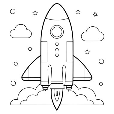 Gezegenler ve gece gökyüzü yıldızlarıyla çizilmiş uzay gemisi fırlatması sanatsal bir uzay vektörü çizimi