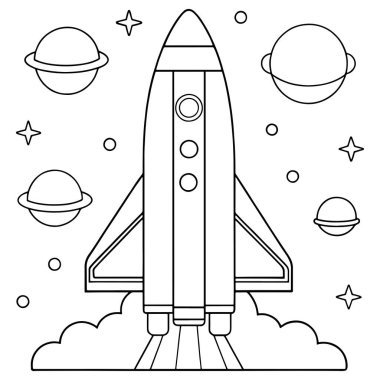 Gezegenleri ve yıldızları olan çocuklar için çizilmiş bir vektör illüstrasyonunda roket fırlatma renklendirici tasarımı