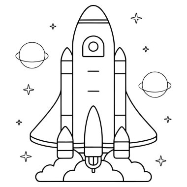 Çizgi film roketi uzaya fırlatılıyor. Neşeli çocuklar sayfa çizimleri yapıyor.