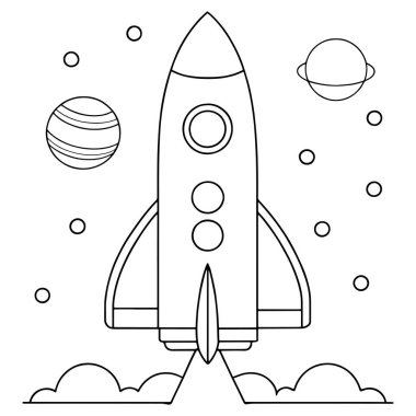 Rüya gibi bulutların ve parlak yıldızların arasından galaktik uzay çiziminde roket fırlatılışı