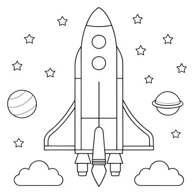 Roket, kozmik gece temalı vektör illüstrasyonunda gezegenler ve parlayan yıldızlarla havalanıyor.