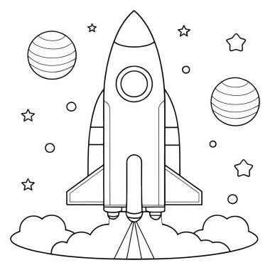 Uzay gemisi gökyüzünde parlayan yıldızlar ve gezegenlerle temiz çizilmiş vektör tasarımında süzülüyor.