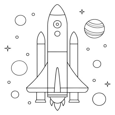 Arkaplanda yıldızlarla ve gezegenlerle yukarı doğru yükselen roket cesur bir uzay fırlatma vektörü çizimi