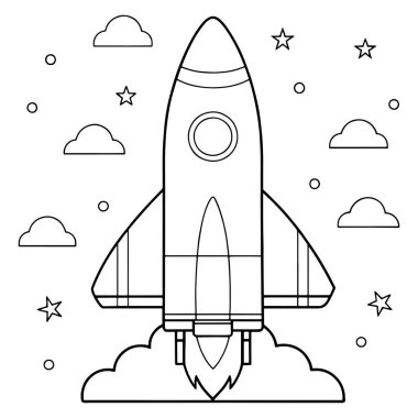 Roket tasarımı ve vektör illüstrasyonunda yıldızlı gökyüzü olan çocuklar için uzay mekiği boyama sayfası