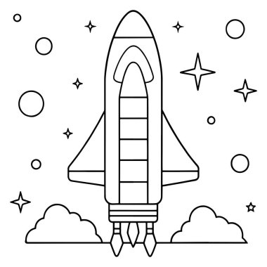 Rüya gibi bir uzay atmosferi çiziminde yıldızlar ve kabarık bulutlarla roket fırlatılıyor.