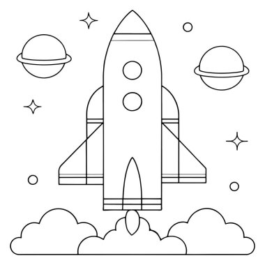 Temiz bir uzay temalı vektör illüstrasyonunda, bulutlu izler ve parlak yıldızlarla ana hatlı roket fırlatması