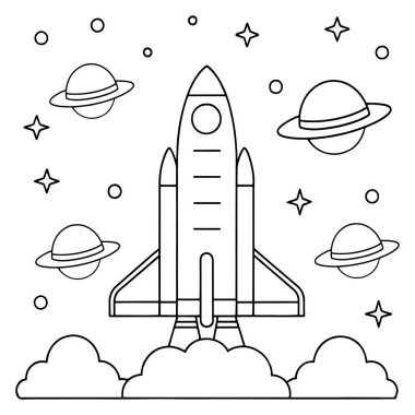 Bir uzay vektörü illüstrasyonunda yıldızlar ve gezegenlerle aynı hizada basit bir roket fırlatılması