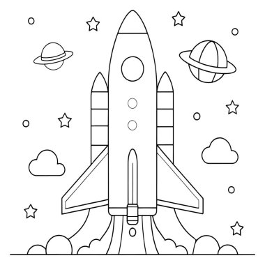 Roket, çizilmiş uzay keşif vektörü illüstrasyonunda gezegenler ve yıldızlarla havalanıyor.