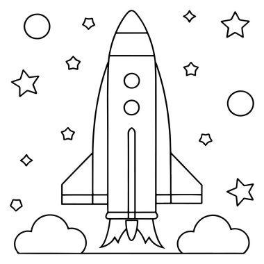 Yıldızlı bir uzayda, temiz bir kozmik illüstrasyonda gezegenlerle birlikte uçan çizilmiş bir roket.