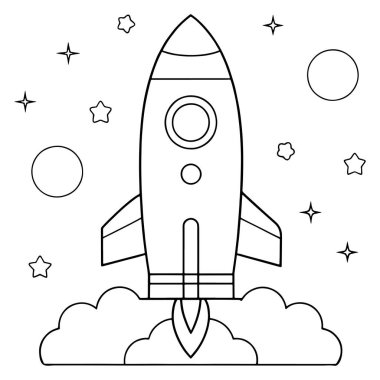 Gök cisimleri ve yıldızlarla dolu uzay roketi fırlatma vektör illüstrasyonunda gezegensel gökyüzü