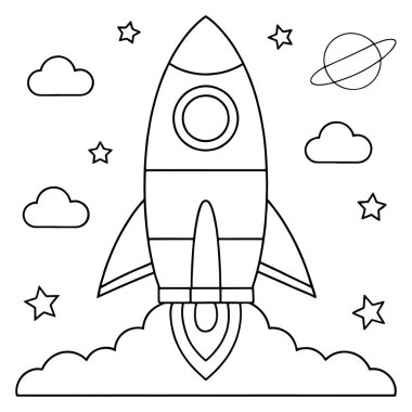 Roket, göksel cisimlerle birlikte dramatik bir gece gökyüzü çizimi içinde uzaya fırlatılıyor.