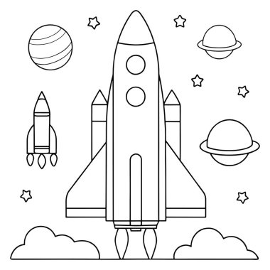 Sanatsal bir vektör illüstrasyonunda gezegensel geçmişi olan çocuklar için uzay roketi renklendirme tasarımı