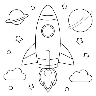Roket gemi boyama sayfası yıldızları ve gezegenleri eğlenceli ve yaratıcı bir uzay vektörü çiziminde gösteriyor