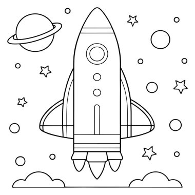 Çizilmiş uzay mekiği kozmik bir illüstrasyon içinde yıldızlar ve gezegenlerle gökyüzüne doğru havalanıyor.