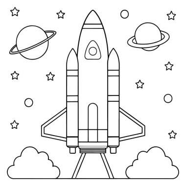 Çizgi film stili vektör illüstrasyonunda gezegenlerle birlikte uzayda uçan sevimli bir roket gemisi.