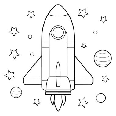 Yıldız gezegenleri ve vektör illüstrasyonunda uzay keşfi elementleriyle sevimli roket boyama sayfası