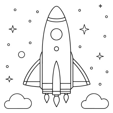Uzay keşfi ve gezegen tasarımı yapan çocuklar için çizgi film roketi çizimi vektör çizimi