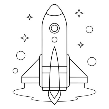 Roket gemisi uzayda yıldızlarla ve gezegenlerle temiz bir çizgide uçuyor. Çizim tarzı vektör çizimi yapıyor.