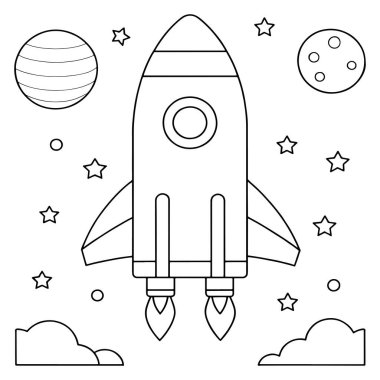 Çocuklar için uzaya hoş bir roket fırlatma. Sayfayı yıldızlarla ve gezegenlerle boyamak eğlenceli bir vektör çizimi.