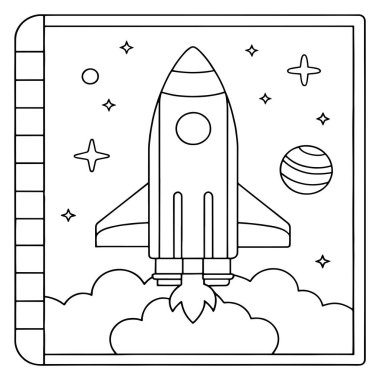 Ana hatları çizilmiş roket gemisi gezegenlerle birlikte gökyüzüne doğru fırlatılıyor. Basit, cesur bir vektör çizimi.