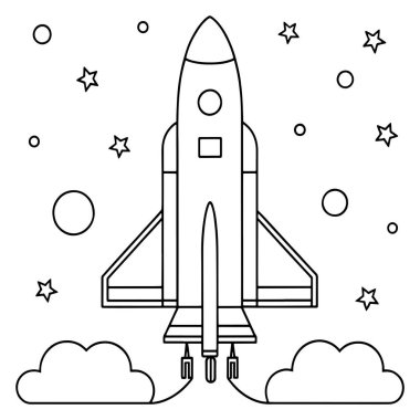 Uzayda gezegenlerle çevrili bir roket gemisi, basit ve temiz bir çizgi çizim vektörü çizimi.