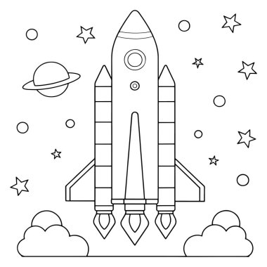 Yıldız ve gezegenlerle roket fırlatma açık bir dış hat uzay temalı vektör illüstrasyonunda