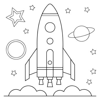 Uzay roketi boyama kitabı sayfası, eğitici bir vektör illüstrasyonunda yıldızlar ve gezegenlerle fırlatmayı gösterir