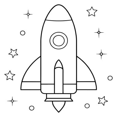 Çizgi film roketi uzaya fırlatılıyor. Gezegen vektör çizimi ile çocuk boyama sayfasında.