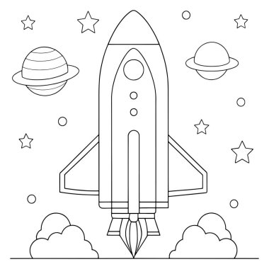 Uzayda yıldızların ve gezegenlerin arasında el çizimi sanat tarzı illüstrasyonla uçan roket gemisi.