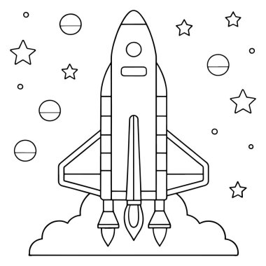 Roket fırlatma çizgisi yıldızları ve gezegenleri sanatsal olarak temiz bir uzay vektörü illüstrasyonunda gösteriyor