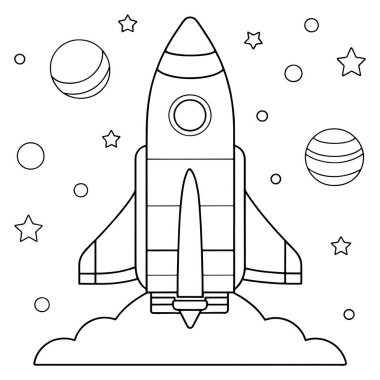 Uzay boşluğunda yüzen roket gemisi, yaratıcı bir taslak çizilmiş biçim vektör illüstrasyonunda yıldızların basit bir çizimiyle