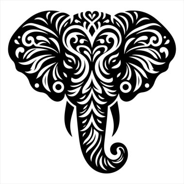Bir filin kafasının detaylı bir çizimi. Karmaşık bir şekilde siyah ve beyaz çiçek desenleriyle tasarlanmış..