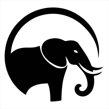 Bir fil profilinin minimalist siyah-beyaz çizimi, dairesel bir tasarım elementiyle çevrili..
