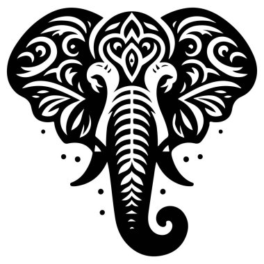Karmaşık siyah-beyaz çiçek desenleri ve cesur bir tasarım içeren biçimlendirilmiş bir fil kafası çizimi..