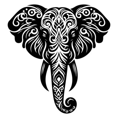 Özenle hazırlanmış siyah ve beyaz çiçek desenleriyle süslenmiş bir fil kafasının ayrıntılı bir çizimi..