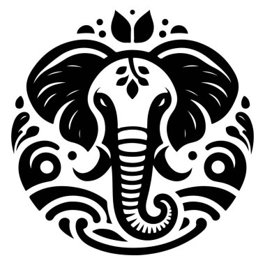 Tek renkli bir fil kafası çizimi. Karmaşık çiçek ve dalga desenleriyle çevrili..